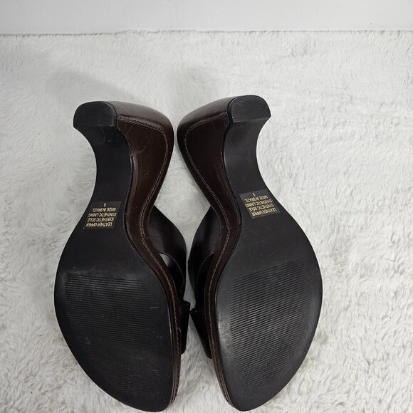 Zu Chocolate Brown Leather Whipstitch Slide On Heeleed Sandal Size 9 - Picture 10 of 15